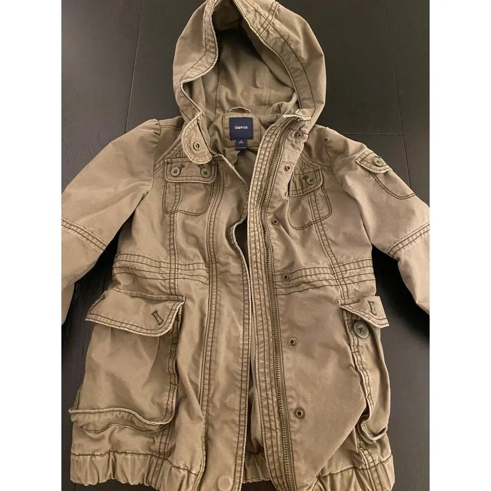 GAP Kids Hooded Military Utility Jacket Small (6-7)‎ Olive Full Zip 100% Cotton